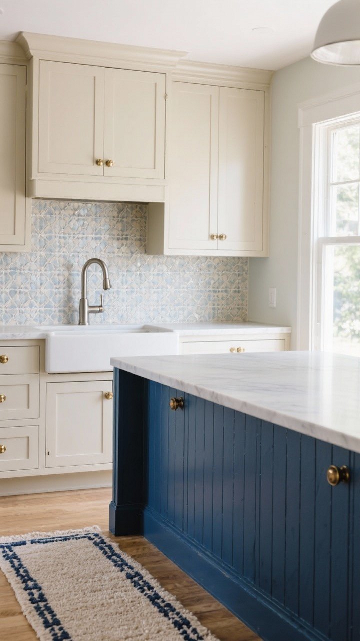 Medium shot: Classic-meets-coastal composition—beige cabinets with a navy blue island, beadboard or zellige textural backsplash, mixed metals (brushed nickel faucet, unlacquered brass knobs on the island), and a low-pile runner featuring navy details grounding the scene; crisp, confident palette with ample natural light; straight-on view across the island