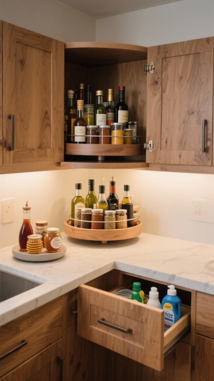 Medium shot, corner cabinet: A lazy Susan turntable with a raised lip, neatly arranged spices, oils, and vinegars—no back-row clutter; a second turntable under the sink with cleaners and dish soap, labels facing outward; a small countertop turntable with syrups, honey, and breakfast toppings; soft under-cabinet lighting, warm wood tones, and a practical, spin-to-reach layout.