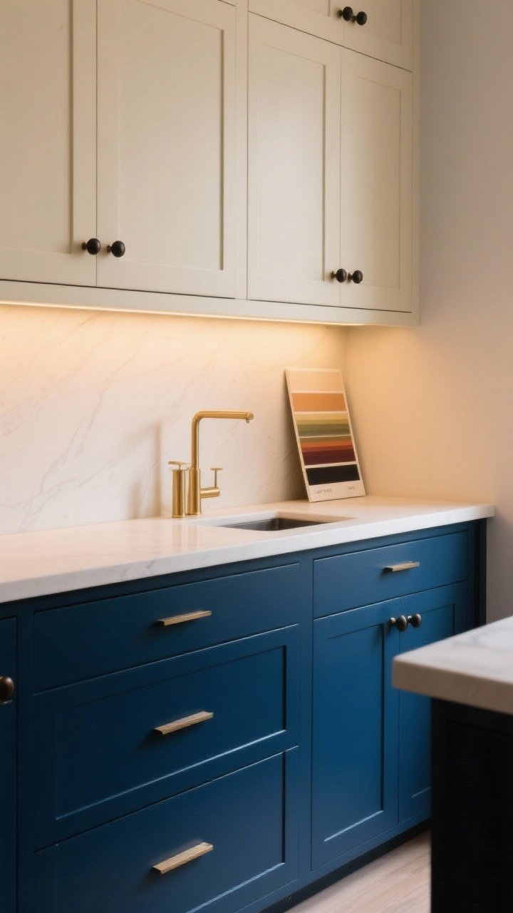 Medium shot: Couture cabinets in unexpected colors—inky blue lower cabinets paired with light uppers in soft cream, all in a matte finish; brushed brass minimal bar pulls and blackened bronze knobs mix elegantly; balanced two-tone palette under warm 2700K lighting, with a color-sample board leaning on the counter to suggest testing; sleek, tailored look, photorealistic.