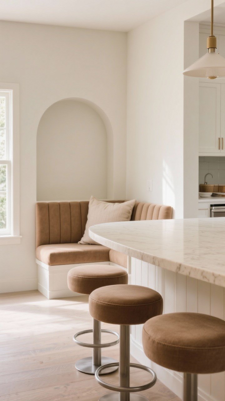 Medium shot: Cozy seating and soft edges—rounded-corner island with a soft-edge cream stone top, upholstered counter stools with padded, wipeable seats in warm taupe, and an arched niche detail; a compact breakfast nook bench with a performance-linen cushion; airy look with sleek stool bases; gentle morning light, corner angle.
