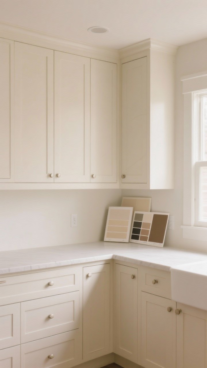 Medium shot: Cream-on-cream cabinetry with depth—oatmeal-toned shaker cabinets and matching walls in the same hue but different finishes (satin on lowers, semi-matte on uppers), subtle mushroom undertones shifting in soft daylight; simple minimal knobs; include paint sample boards propped on the counter to hint at undertone testing; gently lit north-facing room with warm glow, straight-on perspective.