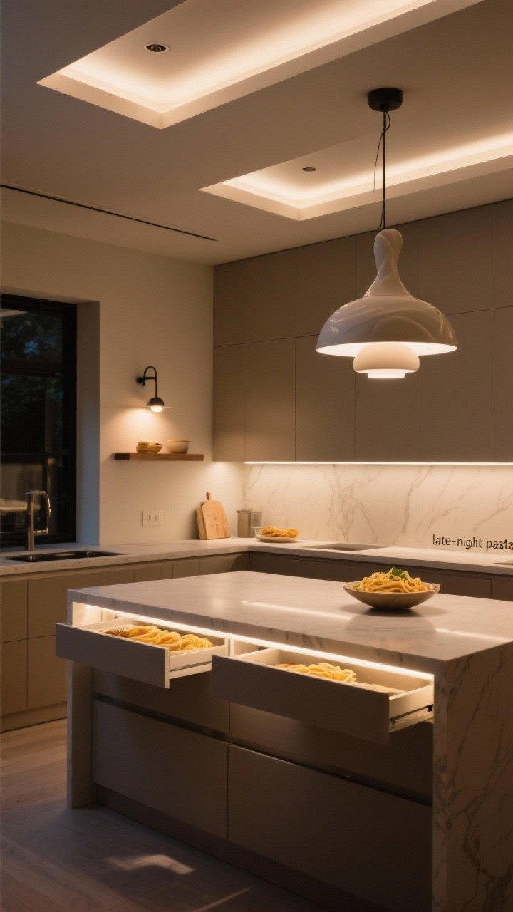 Medium shot emphasizing layered European lighting: flangeless recessed ambient fixtures casting a soft wash, warm 2700–3000K temperature; under-cabinet LED task strips illuminating the countertop and subtle drawer interior lighting visible slightly open; a sculptural pendant over the island and a petite sconce near a shelf adding accent glow; dim, cozy “late-night pasta” mood, captured from a corner angle.