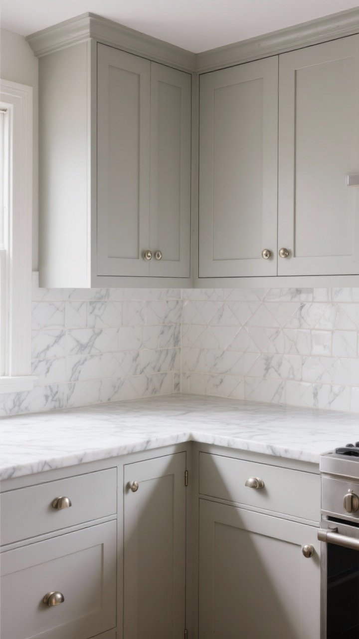 Medium shot, European cafe–inspired kitchen corner: greige Shaker cabinets, honed Carrara marble countertop with soft, cool gray veining, warm white zellige tile backsplash with slight irregular texture, polished nickel knobs and pulls, diffused daylight for a relaxed, non-glossy feel; photorealistic, slight angled view showing cabinet profile and matte stone surface.