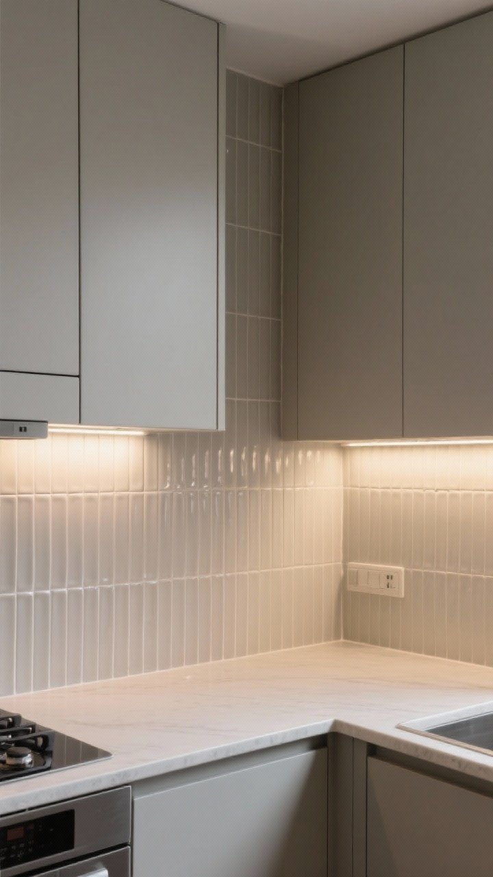Medium shot: Fluted ceramic panels used as a backsplash, installed vertically to add height to a compact kitchen; matte finish for an architectural, modern-classic feel, under-cabinet LEDs casting soft linear shadows into the grooves, paired with simple flat-front cabinets and streamlined fixtures.