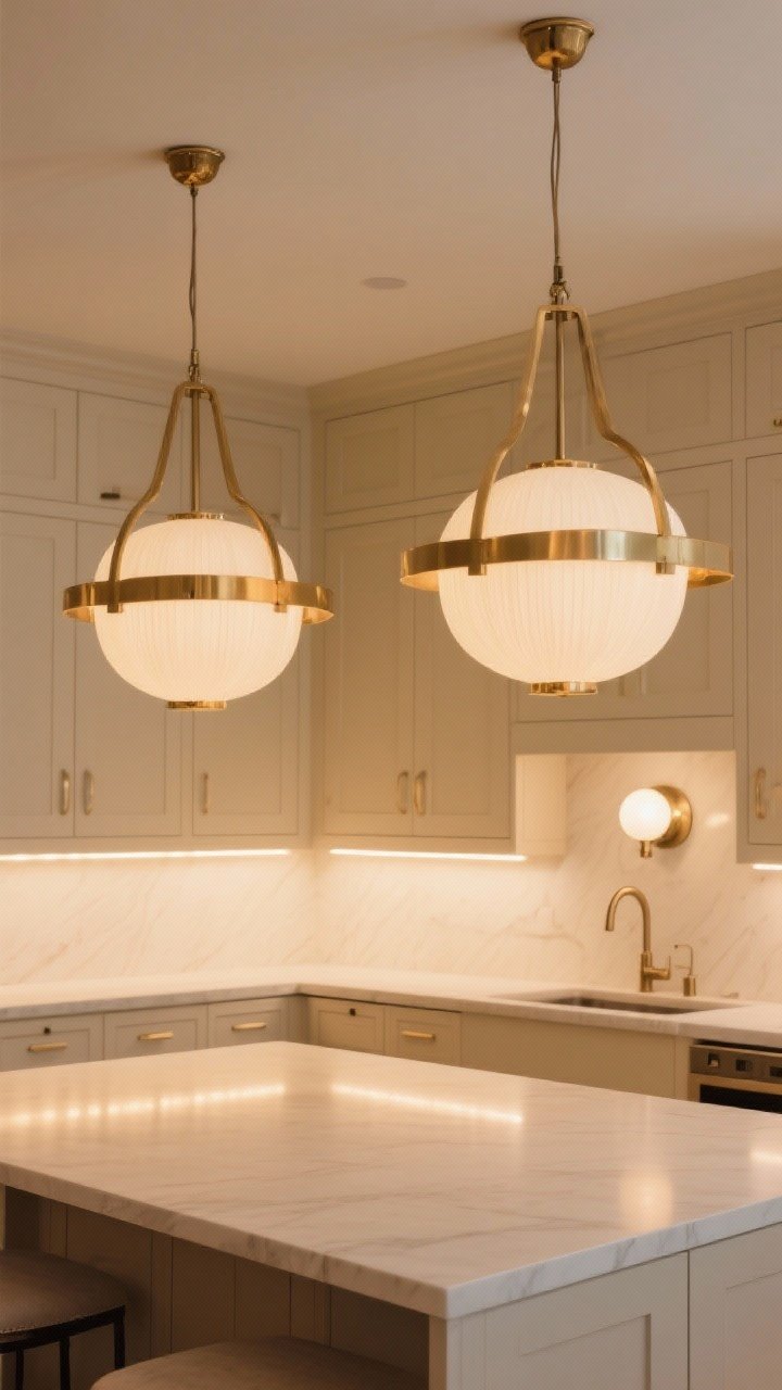 Medium shot focused on statement lighting over a beige island: two oversized pendants with warm brass accents anchoring the space, warm LED under-cabinet strips (2700–3000K) casting a soft glow on creamy cabinets, and a single globe sconce above the sink in the background; sculptural, eye-catching; slightly low angle to emphasize scale.