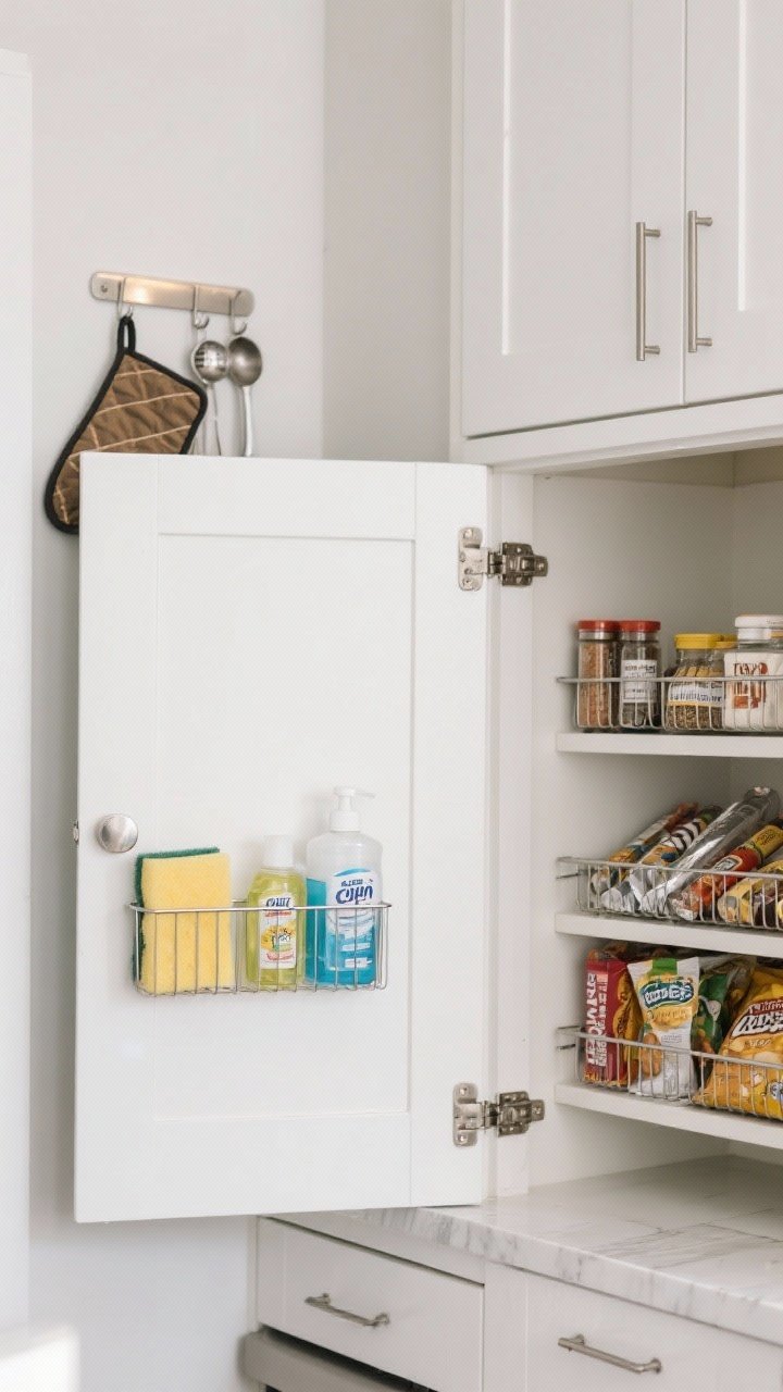 Medium shot focusing on the backs of cabinet and pantry doors in use: under-sink door with a mounted caddy holding sponges, dish soap, and dishwasher tabs; pantry door with tiered racks for spices, wraps, foils, and snack packs; an upper cabinet door with a slim hook holding oven mitts and measuring spoons. Clean white doors, brushed metal hardware, adhesive and over-the-door solutions, even task lighting, doors closing flush.