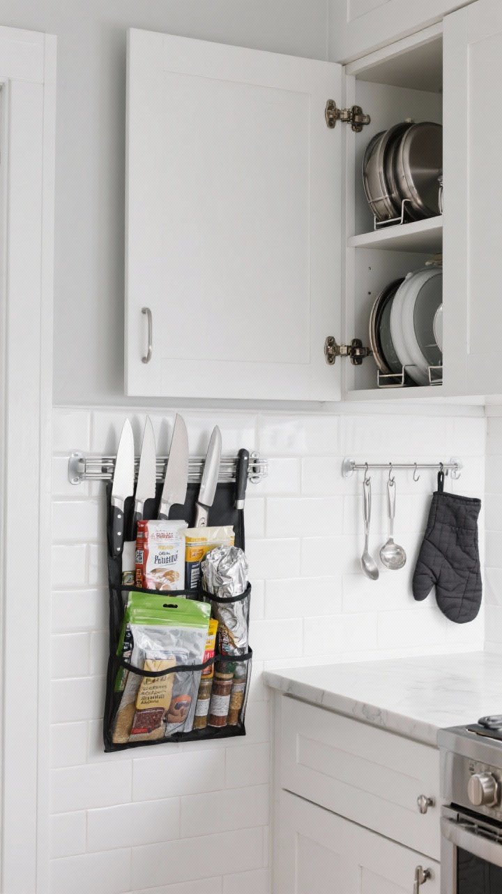 Medium shot focusing on vertical storage: a magnetic knife strip mounted on a white tile wall, pan lid racks attached to the inside of a cabinet door preventing lid clutter, an over-the-door pantry organizer holding wraps, foil, zip bags, and spices, and small command hooks inside a cabinet for measuring spoons and an oven mitt; items placed with heavy objects at shoulder height and lighter items higher; crisp, even lighting