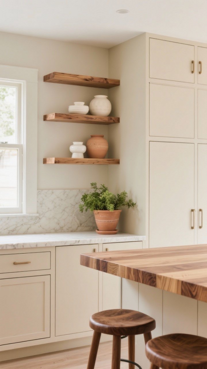 Medium shot from a corner angle: Beige base cabinets paired with warm wood elements—oak open shelving styled with cream, white, and soft clay ceramics; a butcher block counter section beside pale beige quartz; walnut counter stools at a peninsula; soft greenery in a clay pot; natural grain textures visible; airy, polished feel with diffused daylight
