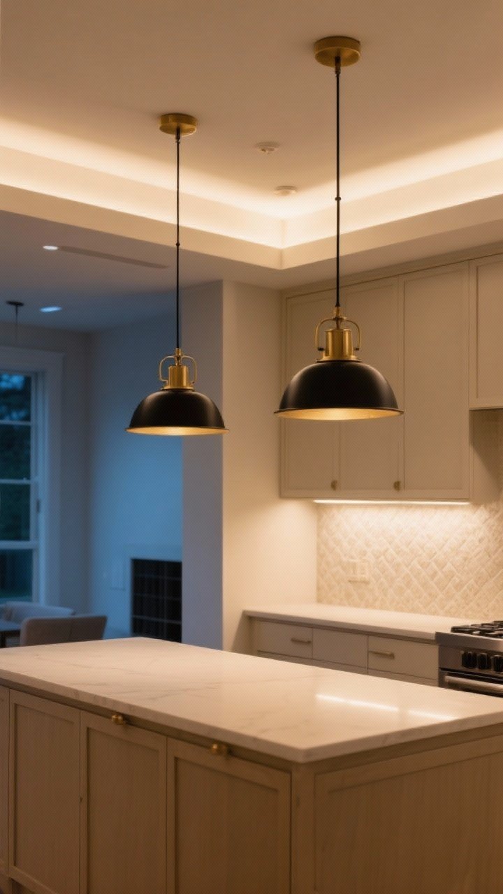 Medium shot from a corner angle: Layered lighting in a beige kitchen—dimmable ambient ceiling lights glowing at 2700K, under-cabinet task lighting illuminating the creamy counters, and two black-and-brass pendants over the island as accent; the beige cabinetry and textured elements softly glow, avoiding blue tones; warm, evening mood; photorealistic.