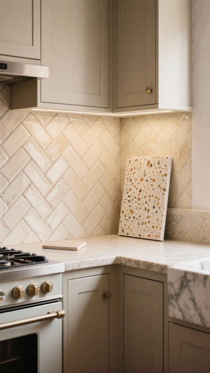 Medium shot from a corner angle: Patterned backsplash as hero in a beige kitchen—ivory zellige tiles in a herringbone layout behind the range, with handmade variation and gentle sheen. Alternative panel shows a terrazzo sample board with warm flecks and a marble slab sample leaning nearby. Matte beige cabinets, simple stone counter, and minimal decor so the backsplash pattern reads clearly. Natural daylight plus under-cabinet lighting to emphasize tile texture. Include a note of peel-and-stick realism by showing a small sample peel corner on a tile board on the counter.