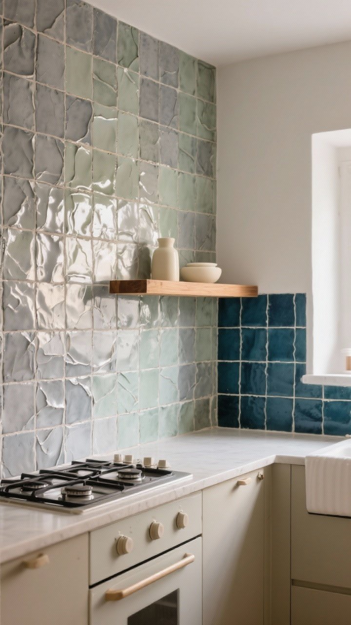 Medium shot from a corner angle: zellige tile backsplash with hand-rippled texture in misty gray and soft sage tonal variation, catching and reflecting light to brighten a small kitchen; warm wood floating shelf and cream accessories tie to warm wood or cream counters, while a section near the range features deeper inky blue zellige behind white counters for high-contrast editorial vibes; light glows softly across the uneven glaze, photorealistic.