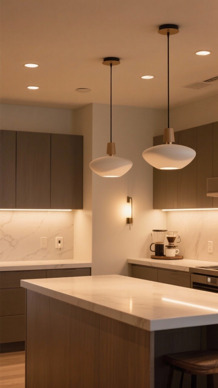 Medium shot from a corner: Layered soft, natural lighting at 2700–3000K—recessed lights on dimmers, under-cabinet LED strips creating shadow-free task zones, two simple sculptural pendants over the island, subtle toe-kick lighting along the base cabinets; a plug-in sconce illuminating a styled coffee station; overall warm, cozy glow.