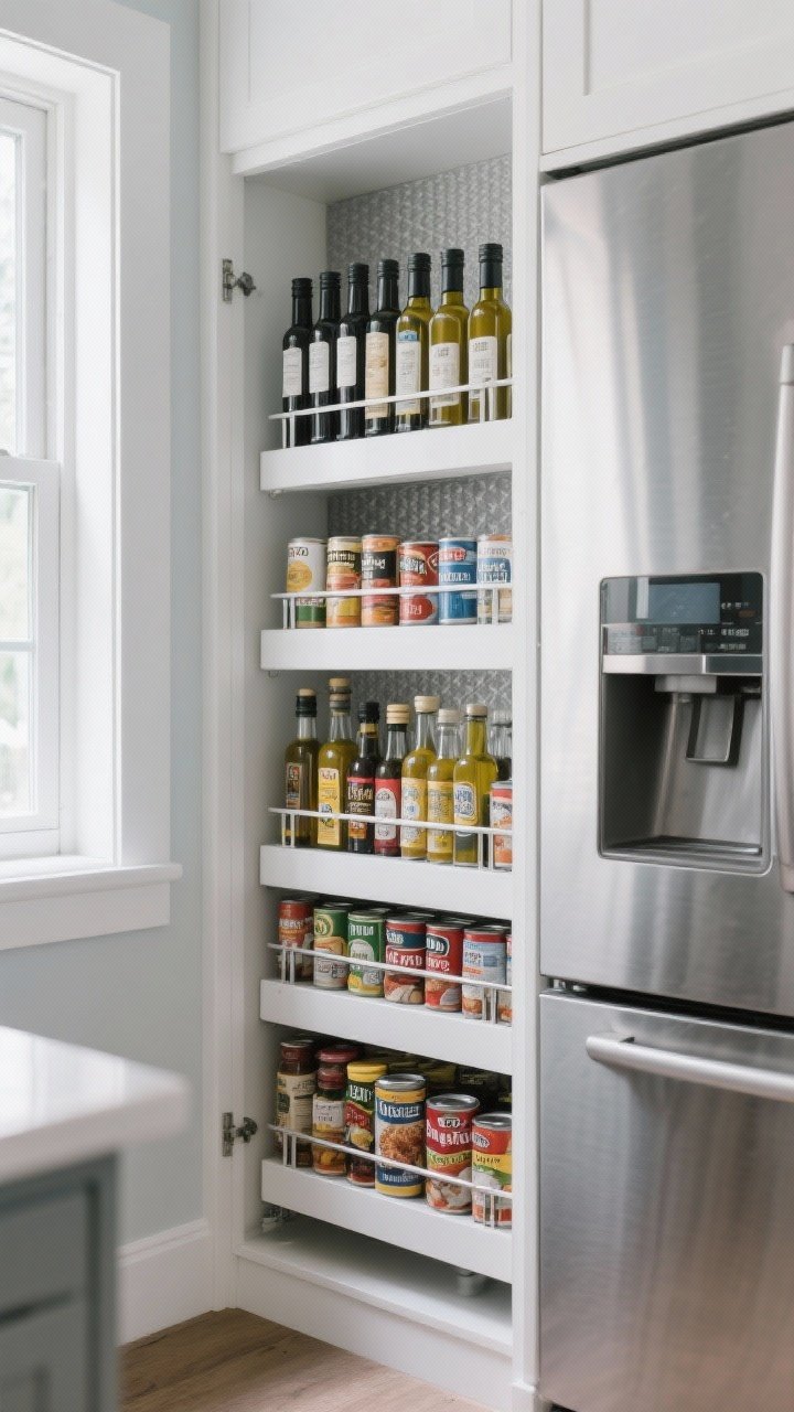 Medium shot from a slight angle of a narrow slide-out pantry panel beside a stainless fridge, extended to show organized rows of oils, canned goods, and tall vinegar bottles upright; rail guards keeping bottles stable; shelf spacing tailored to bottle heights (12–13 inches for tall vinegar); washable vinyl liners with a subtle texture; cool daylight from a nearby window, photorealistic.