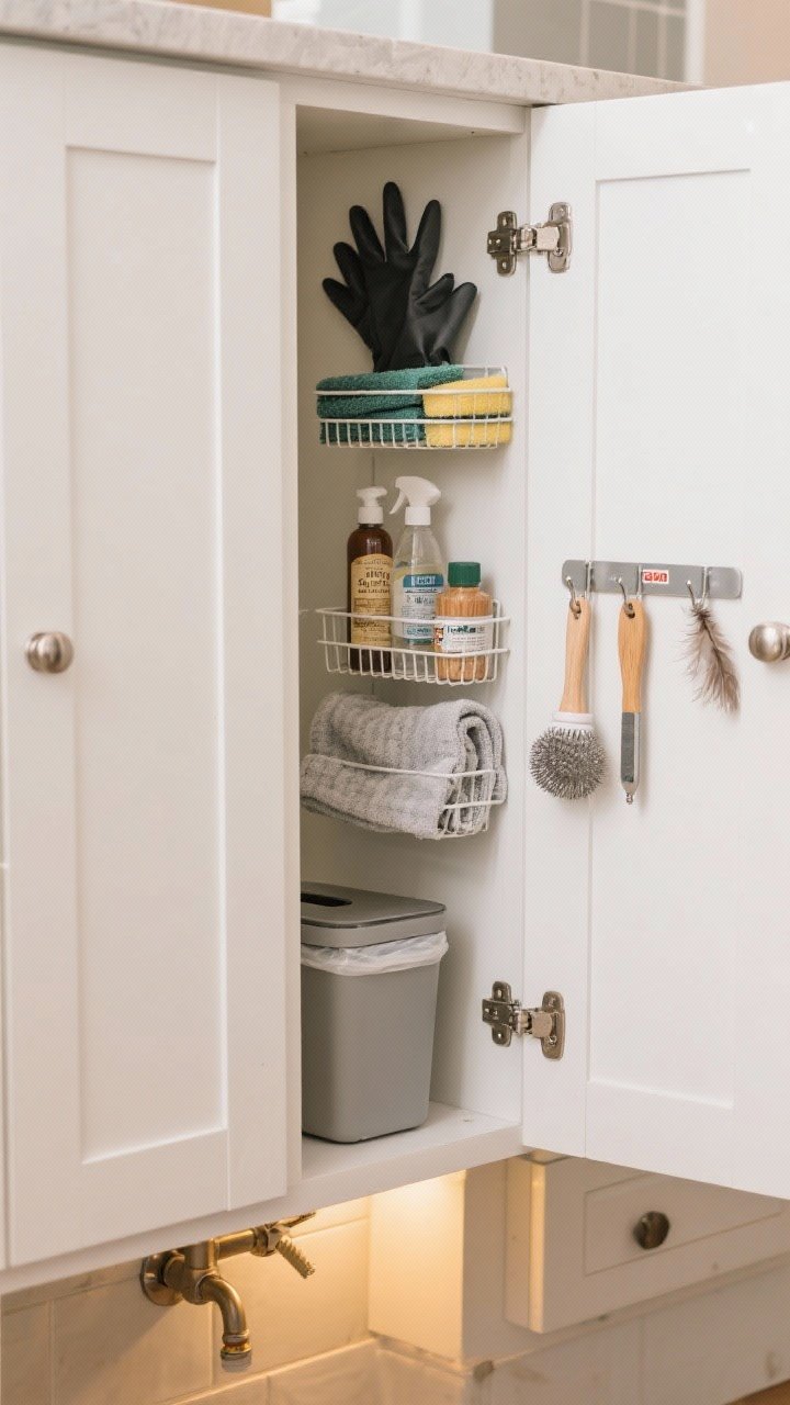 Medium shot from a slight angle of the inside of under-sink cabinet doors showcasing over-the-door racks and mounted caddies; flat items like rubber gloves, scrub pads, and folded microfiber cloths organized in a slim rack; small bottles of granite spray, wood polish, and rinse aid in a narrow caddy; a slim trash bag box tucked into a narrow rack; Command hooks holding brushes and a feather duster; a small magnetic strip catching metal scrubbers and a tiny tool; clean white doors with satin nickel hinges, warm under-cabinet LED lighting, no interference with plumbing.