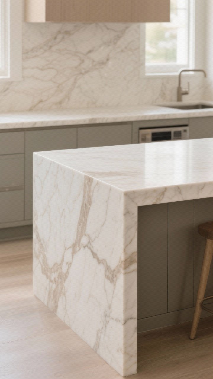 Medium shot from island corner: stone countertops with soft veining in creamy white and warm gray on both the island and matching slab backsplash; mitered edge detail for a thick custom look; materials read as quartz or quartzite with subtle movement; calm palette of oat and cream; soft daylight and slight sheen; perimeter counters in simpler stone visible in background for contrast, photorealistic.