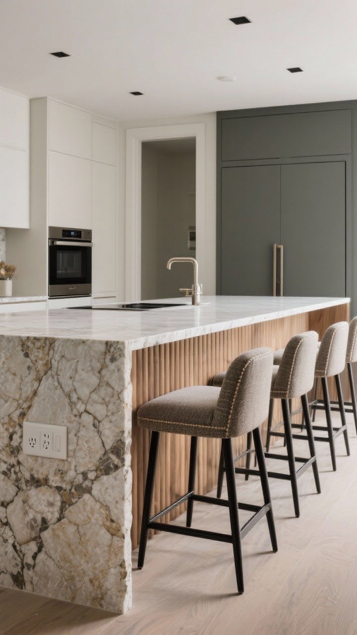 Medium shot from island end: The kitchen island as the focal runway piece—oversized island with a waterfall stone slab wrapping both sides, stone top paired with a fluted oak base for texture, integrated side-panel power outlets, and a concealed microwave drawer; luxe upholstered counter stools in performance fabric with slim black metal frames, evenly spaced with correct knee clearance; editorial, photorealistic.