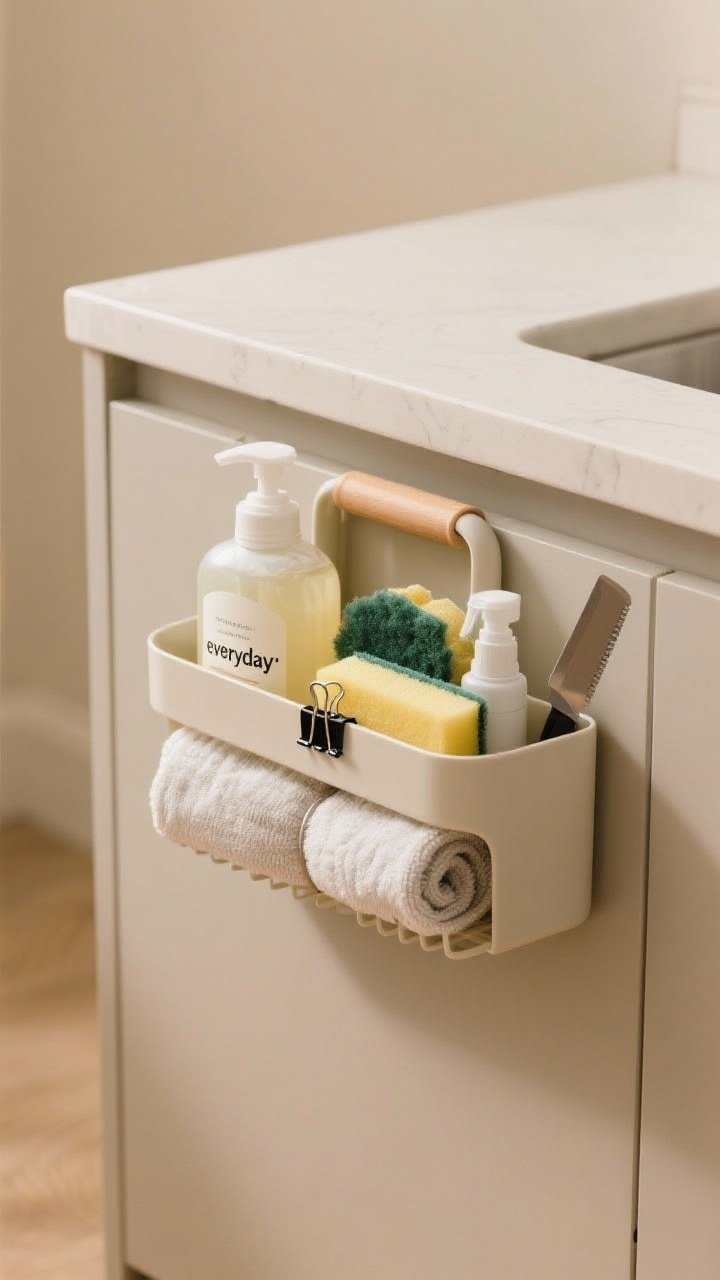 Medium shot, front-and-center view of an “everyday” kit: a small handled caddy placed at the cabinet’s front containing dish soap, a hand soap refill, a fresh sponge, and a counter spray; neatly rolled microfiber cloths secured with a black binder clip; a compact scraper tool included; empty space kept clear around the kit for quick grab-and-go; calm neutral color scheme, soft warm lighting, tidy and minimal.