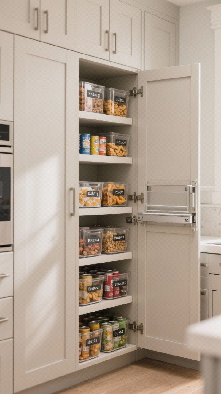 Medium shot: Functional pantry setup—pull-out pocket pantry tall cabinets with adjustable shelves and clear bins labeled for baking, snacks, breakfast, and weeknight meals; shallow shelves for cans to prevent items getting lost; calm, organized look in neutral cabinetry; soft, even lighting; photorealistic.
