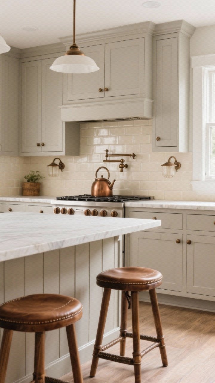 Medium shot: Greige cabinetry with subtle undertone shifts under ambient daylight, creamy subway tile backsplash with soft edges, oil-rubbed bronze pulls and knobs for contrast; beadboard paneling on the island, bronze pot filler over the range, and matching bronze sconces; wood counter stools with leather seats add warmth; balanced, expensive-yet-effortless feel.