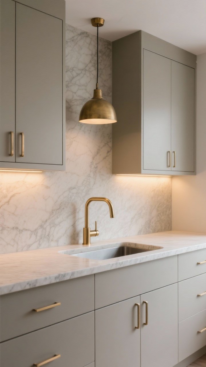 Medium shot: Greige flat-panel cabinets with brushed brass slim pulls, a brushed brass bridge faucet over a subtly veined neutral stone countertop and backsplash; warm under-cabinet LED lighting casting a cozy glow on the greige; one muted brass pendant above the sink; photorealistic, refined “quiet luxury” vibe; slight angle to show depth