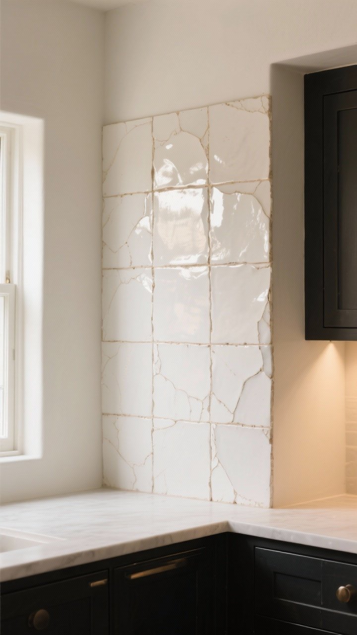 Medium shot: Handcrafted white zellige tile backsplash in off-white/bone tones with subtle warm undertones, 3x3 tiles set with tight grout lines for a near-seamless glow; the tiles’ irregular edges and gentle shimmer catch natural window light and warm task lighting; paired with dark cabinetry for contrast, eggshell-painted adjacent walls to bounce light, corner angle highlighting texture, photorealistic.