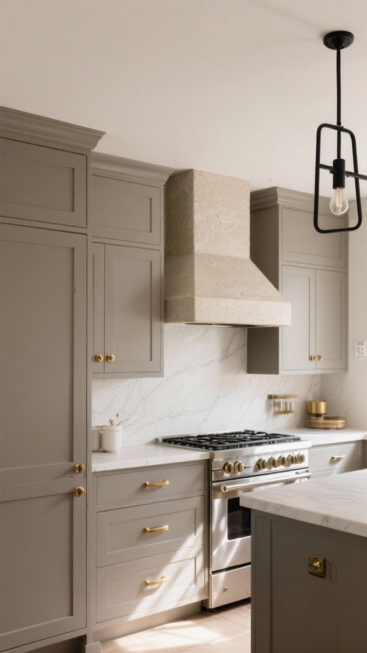 Medium shot highlighting strategic mixed metals: brushed brass cabinet hardware on flat-panel warm gray cabinets; matte black linear chandelier above; stainless steel appliances receding as neutral metal. A plaster-clad range hood acts as a subtle focal point. Balanced, warm natural daylight with gentle shadows to emphasize finishes without glare, three-quarter kitchen view, photorealistic.