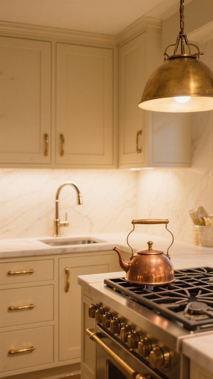 Medium shot highlighting warm metals in a beige kitchen: brushed brass pulls on creamy cabinetry, a brass pendant above, polished nickel bridge faucet as supporting metal, and a copper kettle resting on the stove; cohesive mix with brass dominant; evening warm glow, 2700K lighting; three-quarter angle.