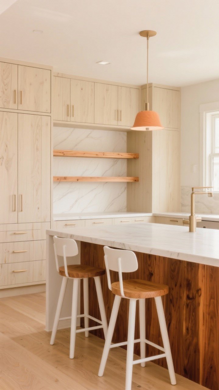 Medium shot highlighting wood-beige balance: creamy beige cabinetry paired with white oak barstools at the island, rift-cut white oak open shelves with clean modern grain, and a walnut-accented island base for richness; warm, natural light enhances neutral undertones, avoiding orange hues; composed from a corner angle