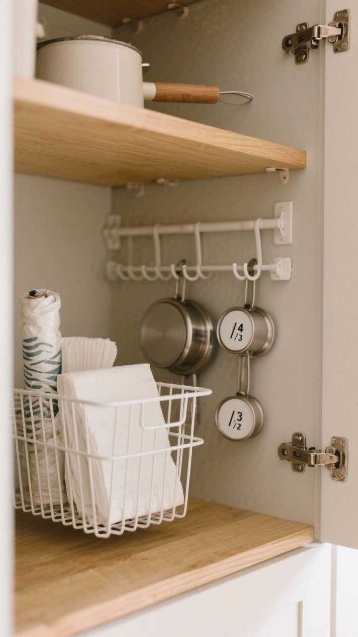 Medium shot inside a cabinet showing under-shelf baskets, hooks, and a rail system: a white wire under-shelf basket cradling wraps and napkins; a slim rail holding pot lids vertically via lid-holding clips; labeled adhesive hooks for measuring cups (1/4, 1/3, 1/2). Ensure door clearance is apparent. Soft warm light, mixed textures (powder-coated metal, smooth plastic, painted wood), tidy micro-zones.