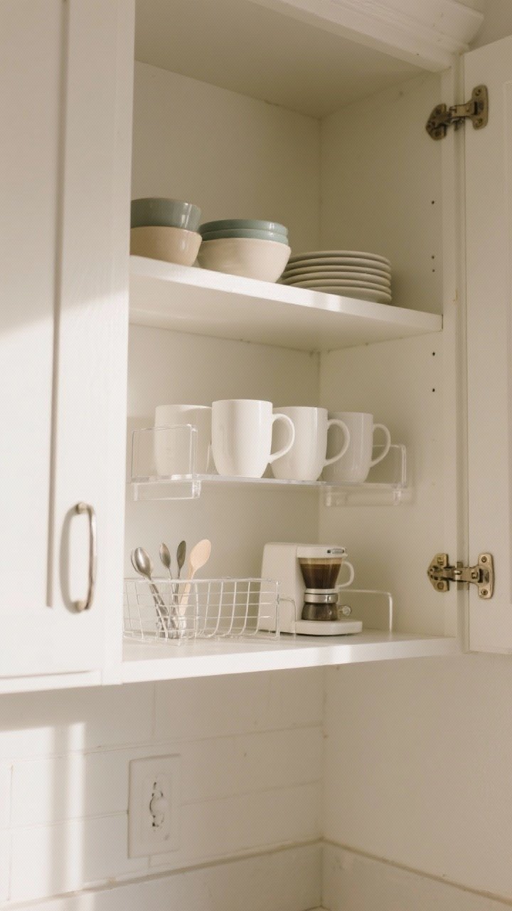 Medium shot, inside a white upper kitchen cabinet with a cozy, renter-friendly vibe: two white acrylic shelf risers doubling vertical space, mugs neatly lined on the top tier, bowls and small plates on the lower tier; a dedicated coffee station zone on one riser with mugs up top, saucers and teaspoons below; mix of wire and acrylic risers for a light look; warm natural morning light, minimal styling, no tools in sight, calm and organized mood.