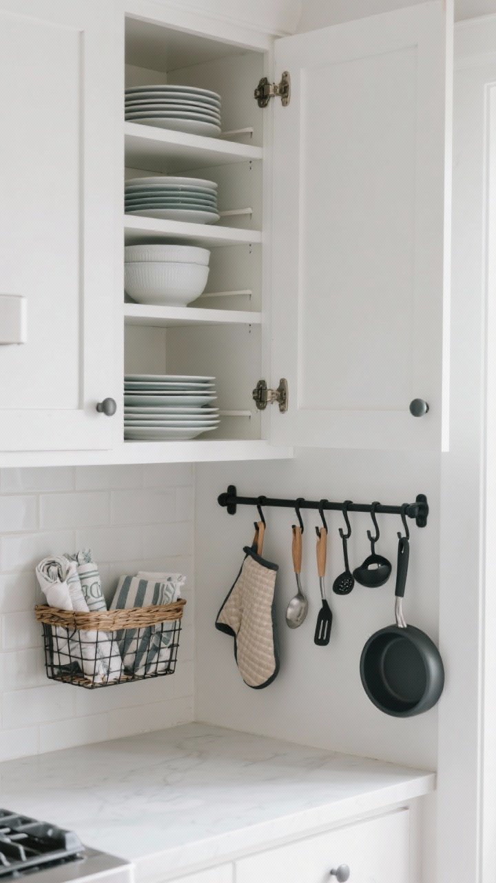 Medium shot inside open upper cabinets and adjacent wall showing vertical storage: white shelf risers stacking plates and bowls, an under-shelf basket holding wraps and napkins, adhesive hooks inside a cabinet door hanging measuring spoons and an oven mitt, plus a wall rail with spatulas and a few frequently used pans. Clean white cabinetry, matte black hooks/rail, natural daylight, emphasis on maximizing tall cabinet space.