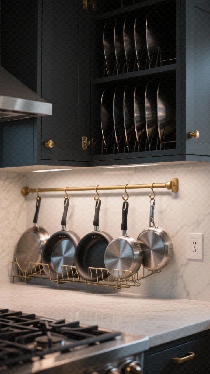 Medium shot: Lower cabinet with adjustable vertical dividers organizing frying pans and saucepans in separate slots, and a bakeware rack “filing” lids upright; the heaviest three pans positioned at the very front. Nearby, a short wall-mounted rail with S-hooks holds two daily-use pans close to the stove. Satin brass hardware, charcoal cabinet interiors, subtle reflections on pan surfaces, evening task lighting, photorealistic.