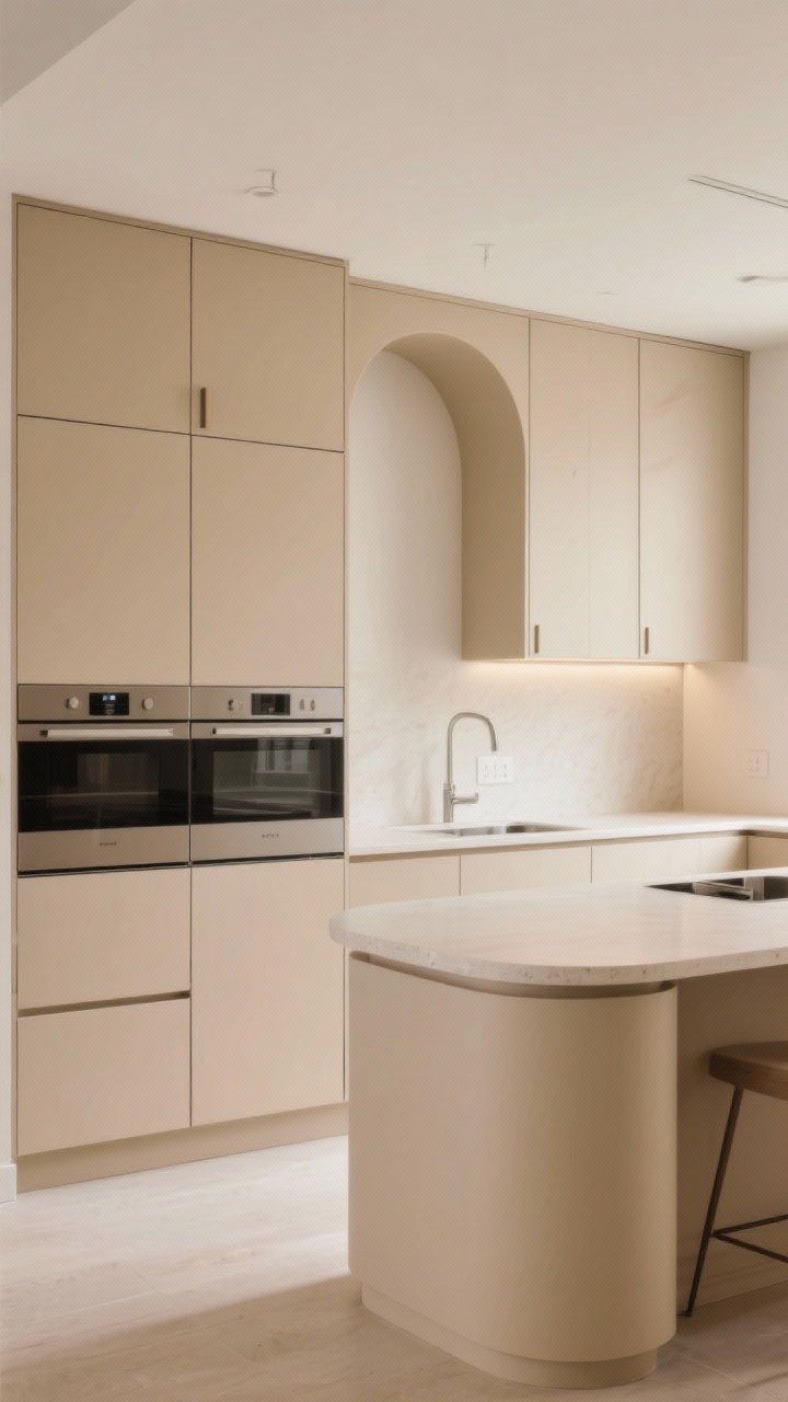 Medium shot: Modern beige kitchen with slab-front cabinet doors in warm beige, panel-ready appliances that disappear into the cabinetry, and an island with gently curved corners; a single arched niche styled minimally; clean lines, minimal handles, and a gallery-like calm; balanced, diffused lighting for a current, livable feel.