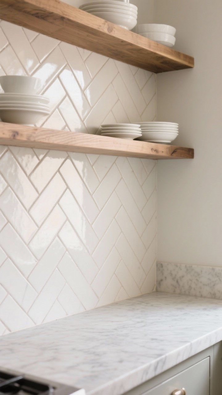 Medium shot of a backsplash in a herringbone pattern using off-white 2x10 ceramic tiles with grout closely matched to the tile to keep the pattern soft and classic; floating wood shelves above showcasing white dishes; marble countertop below for a natural pairing; neutral palette, soft diffused daylight; camera angled from the side to reveal the gentle movement of the herringbone pattern.