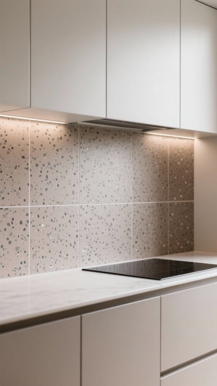 Medium shot of a backsplash in micro-patterned porcelain tiles featuring a fine terrazzo-style fleck in soft gray on warm taupe; rectified edges with ultra-thin grout lines one shade darker than the tile; matte/satin finish under diffused daylight to avoid glare; Scandinavian-modern cabinets nearby for context; photorealistic, no people.