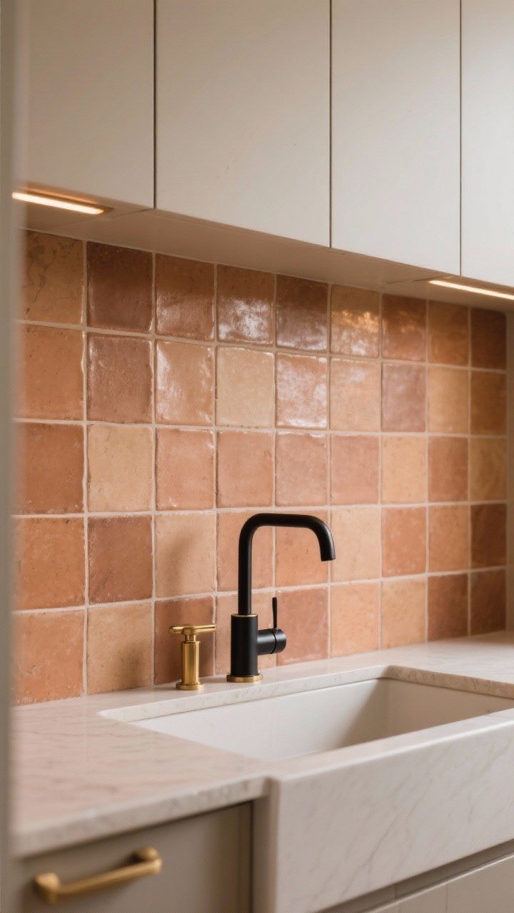 Medium shot of a backsplash in natural terracotta clay tiles, classic 4x4 squares in muted earthy tones; tiles are sealed for protection, subtle sheen visible; paired with brass hardware and a matte black faucet for contrast; warm under-cabinet lighting enhances the clay texture; modern cabinetry in a soft neutral to balance the warmth; camera straight-on to emphasize the grid and the tonal variation in the clay.