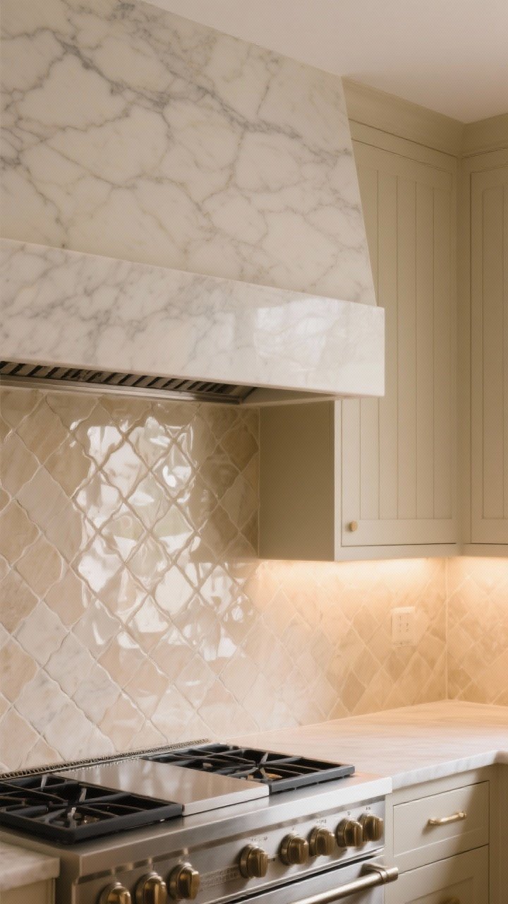 Medium shot of a backsplash wall glowing with glossy oatmeal zellige tiles in organic variation, light reflecting softly; beige marble slab return behind a range running to the ceiling for a seamless, luxe look; beadboard painted beige on an adjacent nook for contrast; warm under-cabinet lighting casting a gentle sheen; slight corner angle