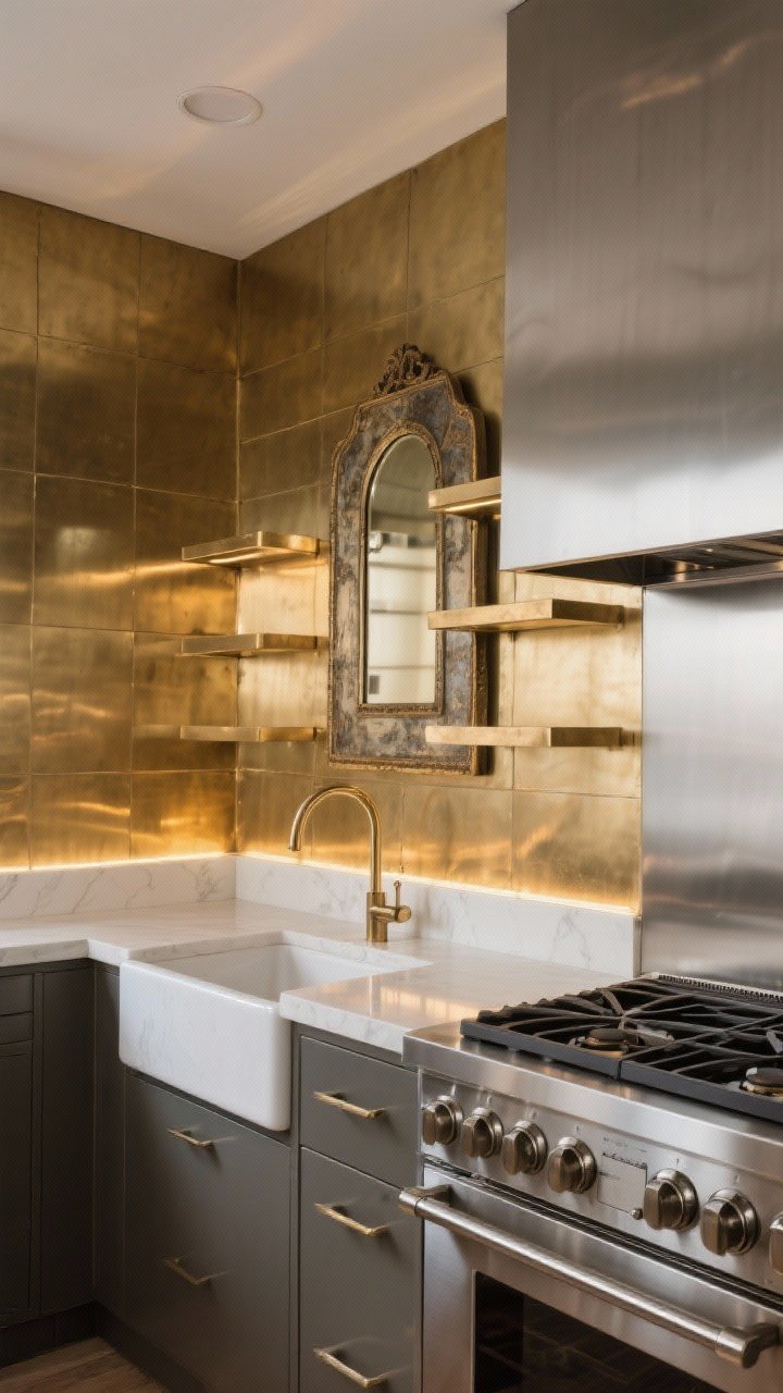 Medium shot of a backsplash wall mixing metal magic: a brushed brass sheet behind the sink reflecting warm light, and an antiqued mirror panel near open shelving for depth; stainless steel panel behind the range for durability; overall palette restrained so the metals stand out; under-cabinet lighting adds soft reflections without glare; mood: chic, modern, slightly glam; angle: three-quarter corner view.