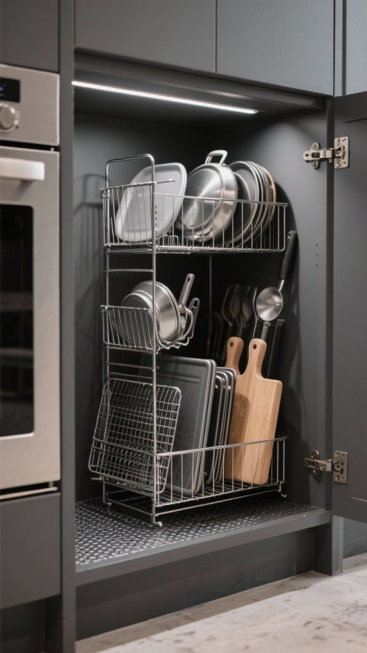 Medium shot of a base cabinet interior near an oven: a metal file-rack-style vertical organizer storing baking sheets, cooling racks, cutting boards, and pot lids upright; grippy shelf liner underneath peeking out in a charcoal texture; no clutter or stacked towers, sizes easy to spot; soft task lighting from the oven area, quiet, efficient mood.