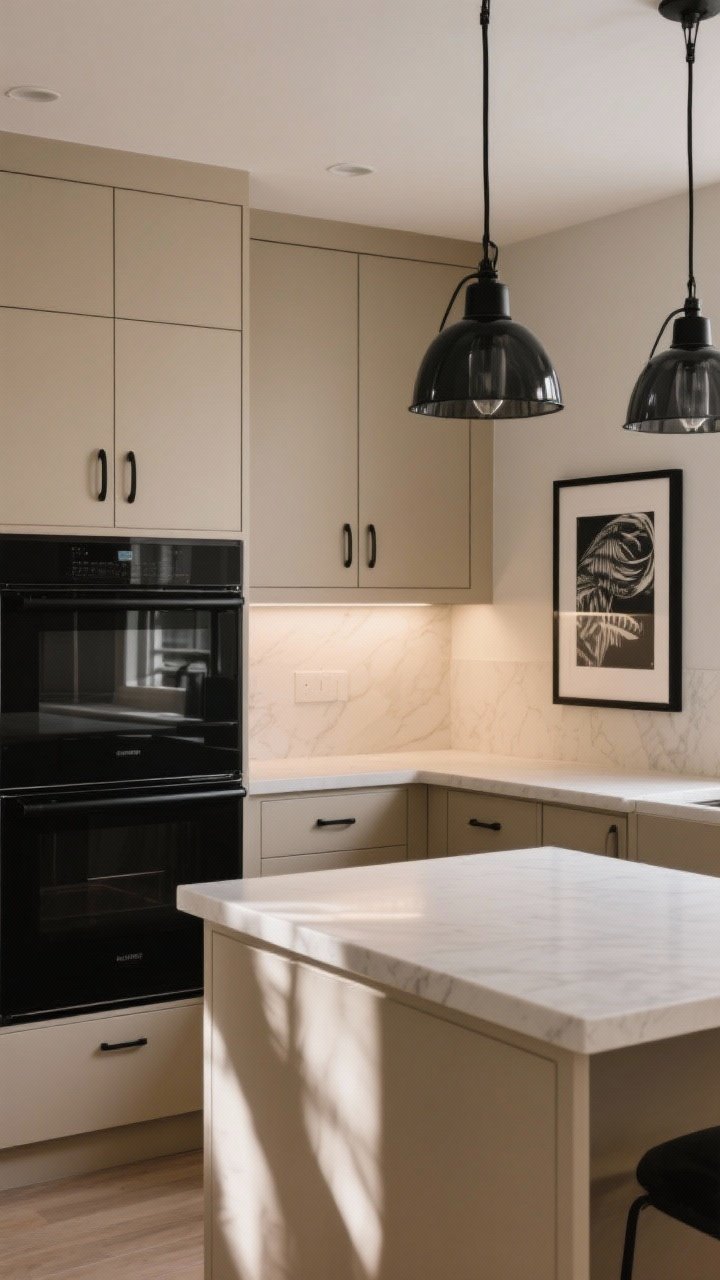 Medium shot of a beige kitchen corner that pops with dark accents: warm beige cabinetry and counters paired with matte black hardware, two black metal pendants with smoked glass shades over part of the island, a black range with panel-ready surrounds, and a graphic black-and-white art print in a slim black frame; balanced contrast at about 10–15% dark moments; afternoon natural light and subtle under-cabinet glow; photorealistic.