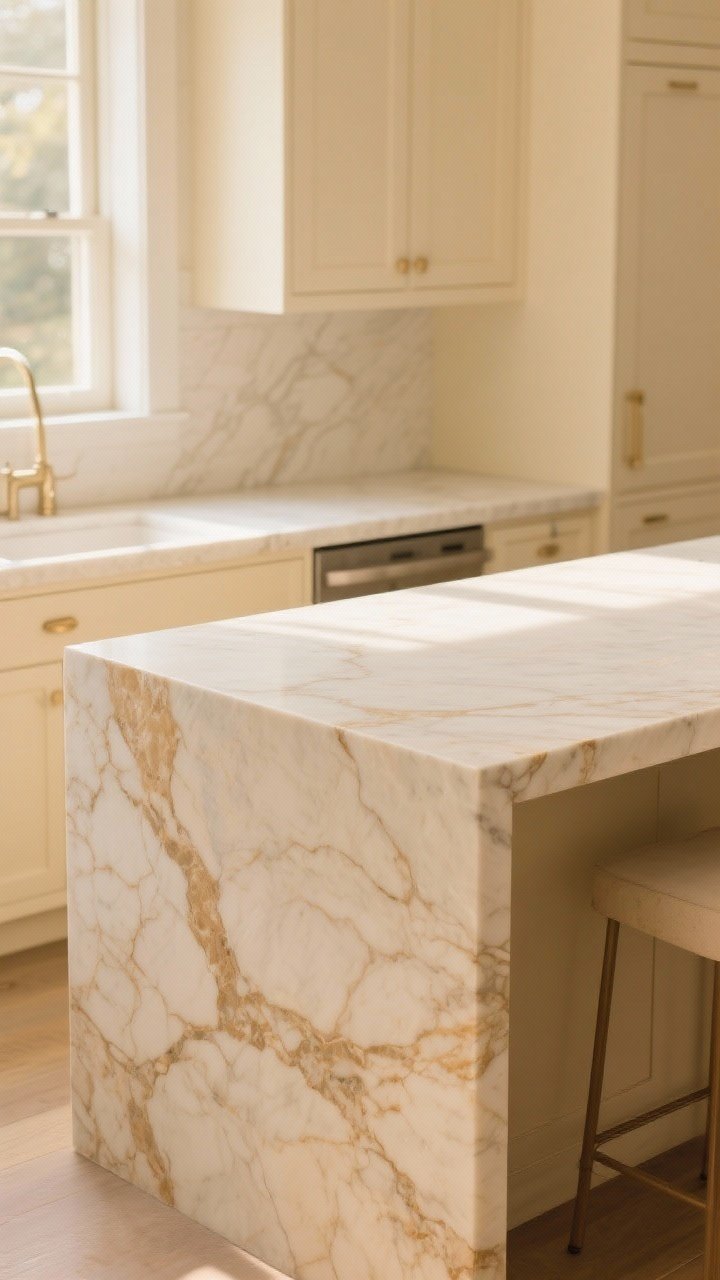 Medium shot of a beige kitchen island showcasing buttery, warm-toned honed quartzite countertops with soft buttermilk and latte-colored veining, chunky mitered edge profile, paired with creamy cabinetry; warm white quartz with subtle tan veins visible on perimeter counters, gentle golden natural light, slight vignette to emphasize stone, three-quarter angle