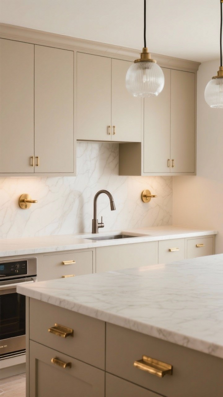 Medium shot of a beige kitchen island with mixed warm metals: brushed brass pulls on matte beige cabinetry, milk-glass pendant lights above, a pewter faucet at the sink, and a pair of small brass sconces on the backsplash; restrained palette with two metal finishes for balance; neutral backdrop and sleek lines; warm ambient lighting.
