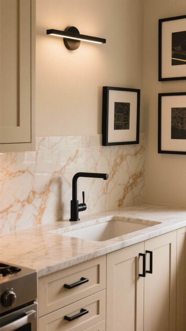 Medium shot of a beige kitchen vignette with matte black hardware on cabinet doors, a slim black linear sconce above, and a sleek black faucet over a warm-veined quartz sink area; a pair of black picture frames styled on a beige backsplash add gallery-like contrast; balanced, not overdone; slightly angled viewpoint; warm ambient lighting.