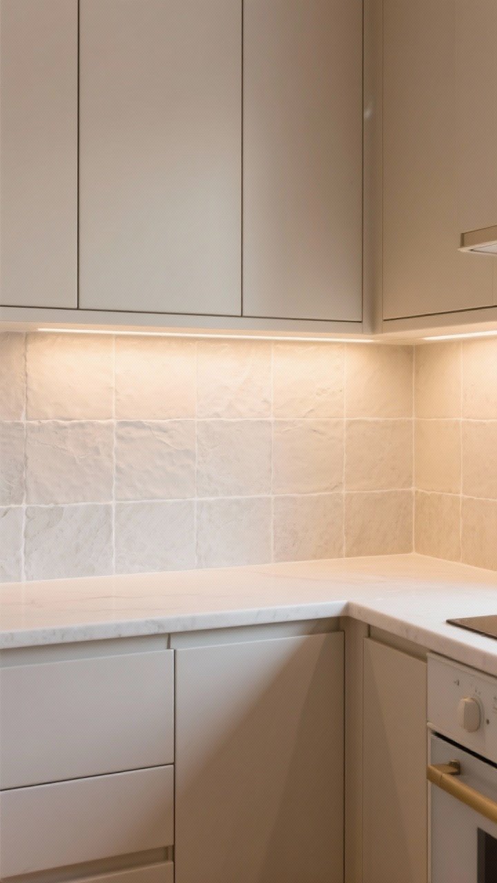 Medium shot of a bright small kitchen featuring a pale palette backsplash in warm ivory/misty gray/soft greige with off-white grout; handmade or tumbled texture to avoid flatness; tested under warm and cool bulbs—scene lit with warm-toned LEDs for cozy feel; matte cabinets in coordinating warm neutrals, straight-on view.