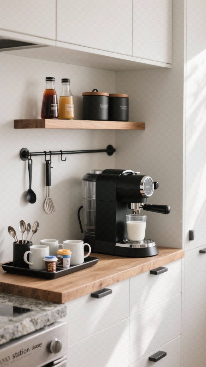 Medium shot of a built-in-looking coffee/tea zone on a counter: espresso machine on a stone or wood slab “station base,” a tray organizing mugs, spoons, sweeteners, and pods; a floating shelf above with syrups and canisters in matching containers; a small rail mounted beside for measuring spoons and a milk frother; cohesive tones of white, warm wood, and matte black hardware; gentle morning light.