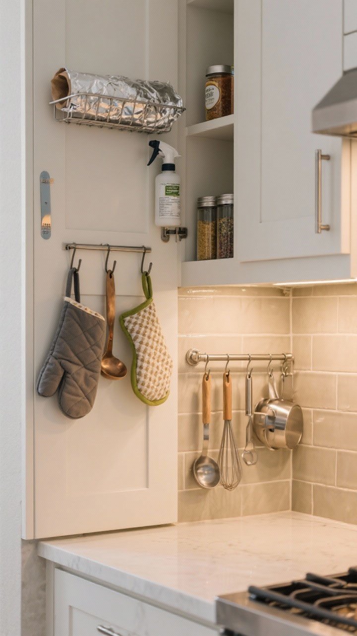 Medium shot of a cabinet door and adjacent dead space: over-the-door rack holding foil, parchment, and a spray bottle; adhesive hooks inside the door for oven mitts, pot holders, and measuring spoons; a magnetic strip on a side panel with spice tins and small metal tools; a narrow rail mounted on the backsplash with ladles, whisks, and measuring cups hanging like functional wall jewelry. Warm under-cabinet task lighting and neutral tile backsplash, stainless accents.