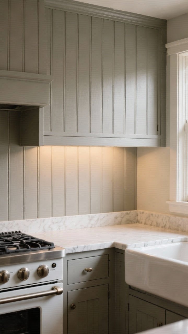 Medium shot of a cottage-style beadboard backsplash painted in a scrubbable satin enamel in warm gray; vertical grooves catching light; moisture-resistant PVC beadboard near the sink and range area; a neat bead of paintable caulk along the counter seam; gentle, even task lighting; photorealistic, no people.