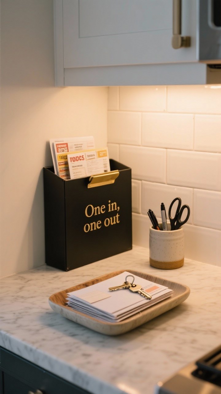 Medium shot of a curated countertop drop zone on a quartz counter: a low ceramic or wood tray holding a slim stack of mail and a key set; an upright file in matte black or brushed brass for coupons, recipes, and takeout menus labeled “One in, one out”; and a small cup or mini crock with pens, scissors, and a permanent marker. Warm evening light, backsplash in soft white subway tile, restrained styling, modern yet cozy vibe.
