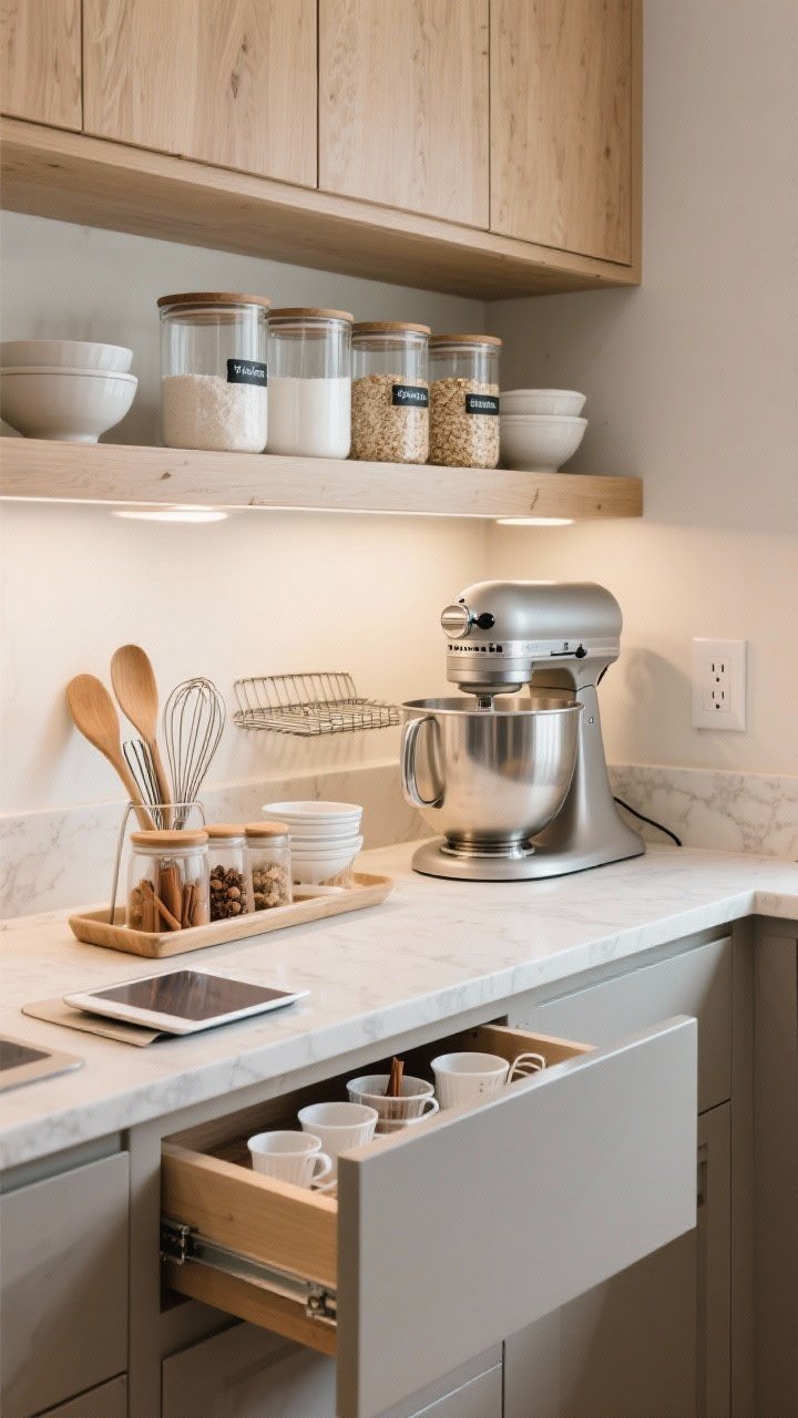 Medium shot of a dedicated baking/meal-prep zone along a counter near an outlet: a stand mixer parked under wall cabinets; matching glass containers of flour, sugar, and oats lined up with labels; a nearby drawer open slightly showing grouped measuring cups, whisks, and spatulas; baking spices (cinnamon, vanilla, nutmeg) clustered in a small tray; cooling rack and nested mixing bowls organized on a cabinet shelf with a riser doubling space. A recipe stand holds a tablet, ready for spills. Soft task lighting, neutral palette with wood and glass.