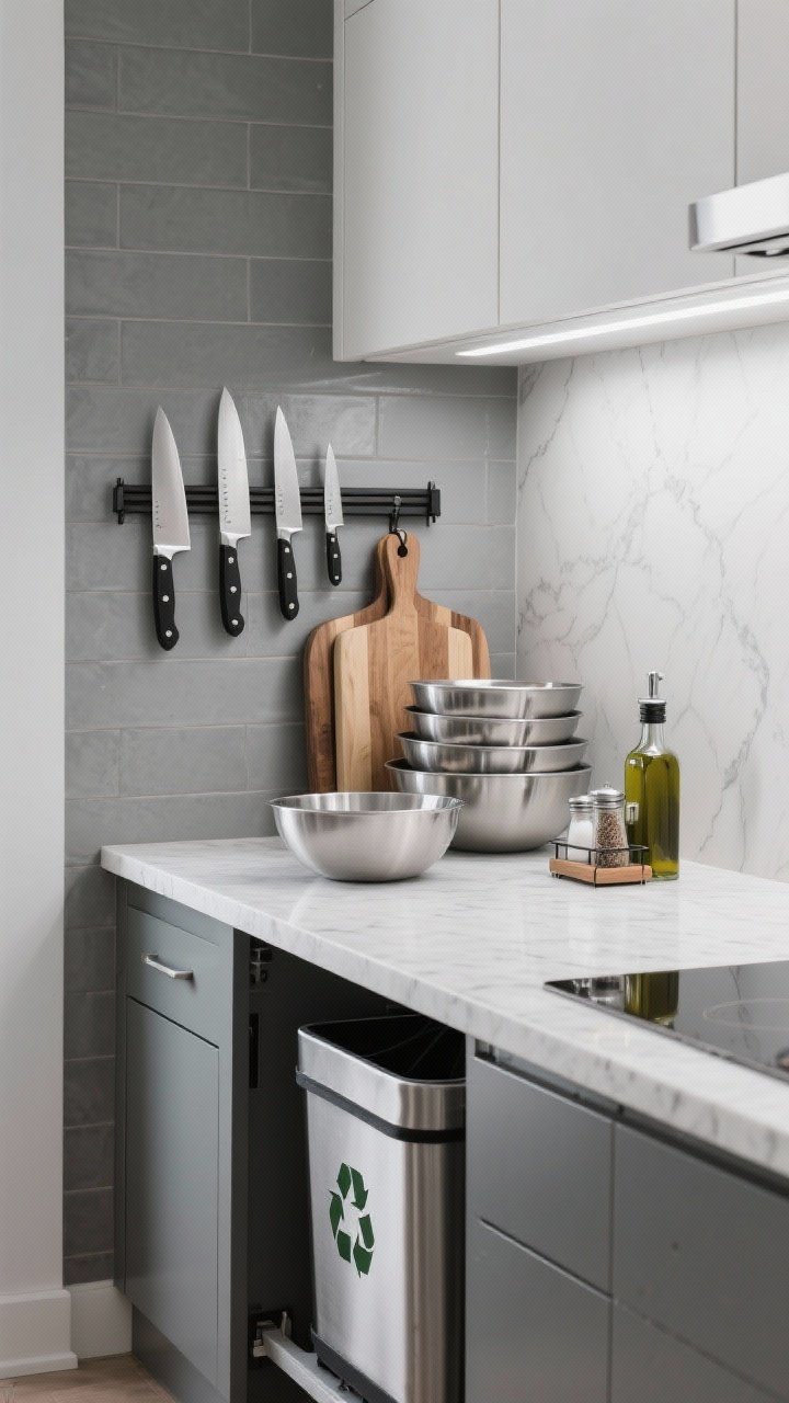 Medium shot of a designated kitchen prep zone on a quartz counter beside a pull-out trash/compost cabinet; wall-mounted magnetic knife strip above holds chef’s knife set; a stacked set of wooden cutting boards leans against a cool gray backsplash; nested stainless mixing bowls sit ready; a small caddy with salt, pepper mill, and olive oil bottle within arm’s reach; a slim compost pail tucked under the counter edge; bright task lighting under cabinets creates a clean, efficient MVP workflow vibe; shot from a slight corner angle.